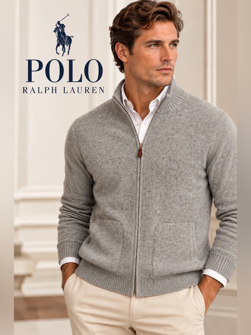 Polo Ralph Lauren Men’s Gray 100% Cashmere Full Zip Sweater Cardigan